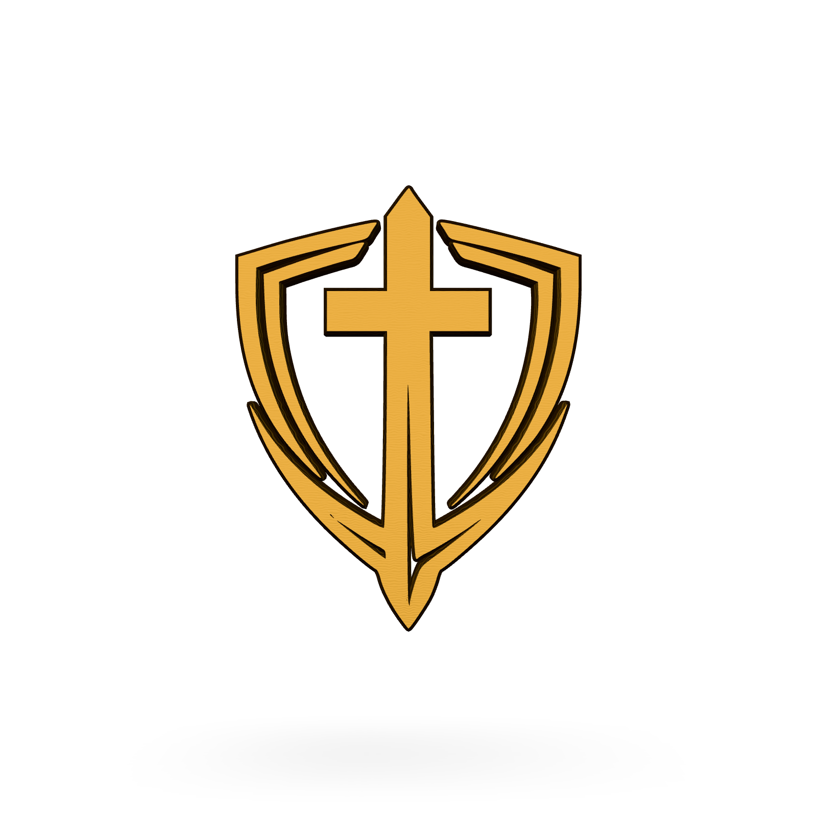 The For the Love of God crest: a gold shield outlined in open strokes, wings sweeping from its shoulders, and a single vertical member through the centre that reads as both a cross and a sword.